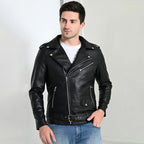Men’s classic black faux leather biker jacket with fur collar – Coder Stitch