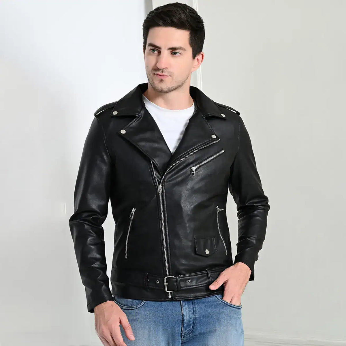 Men’s classic black faux leather biker jacket with fur collar – Coder Stitch