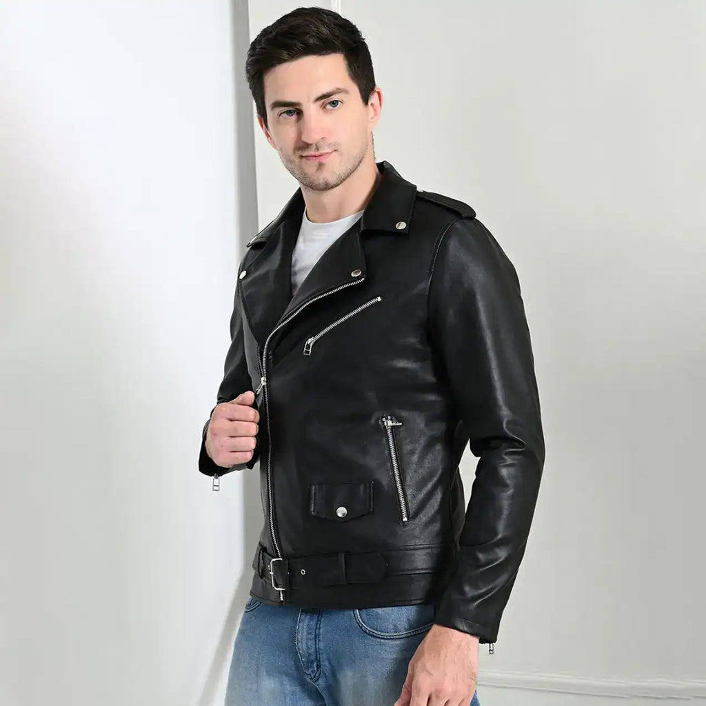 Men’s classic black faux leather biker jacket with fur collar – Coder Stitch