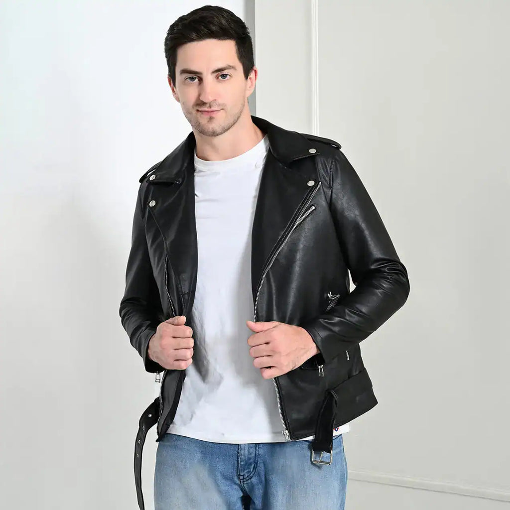 Men’s classic black faux leather biker jacket with fur collar – Coder Stitch