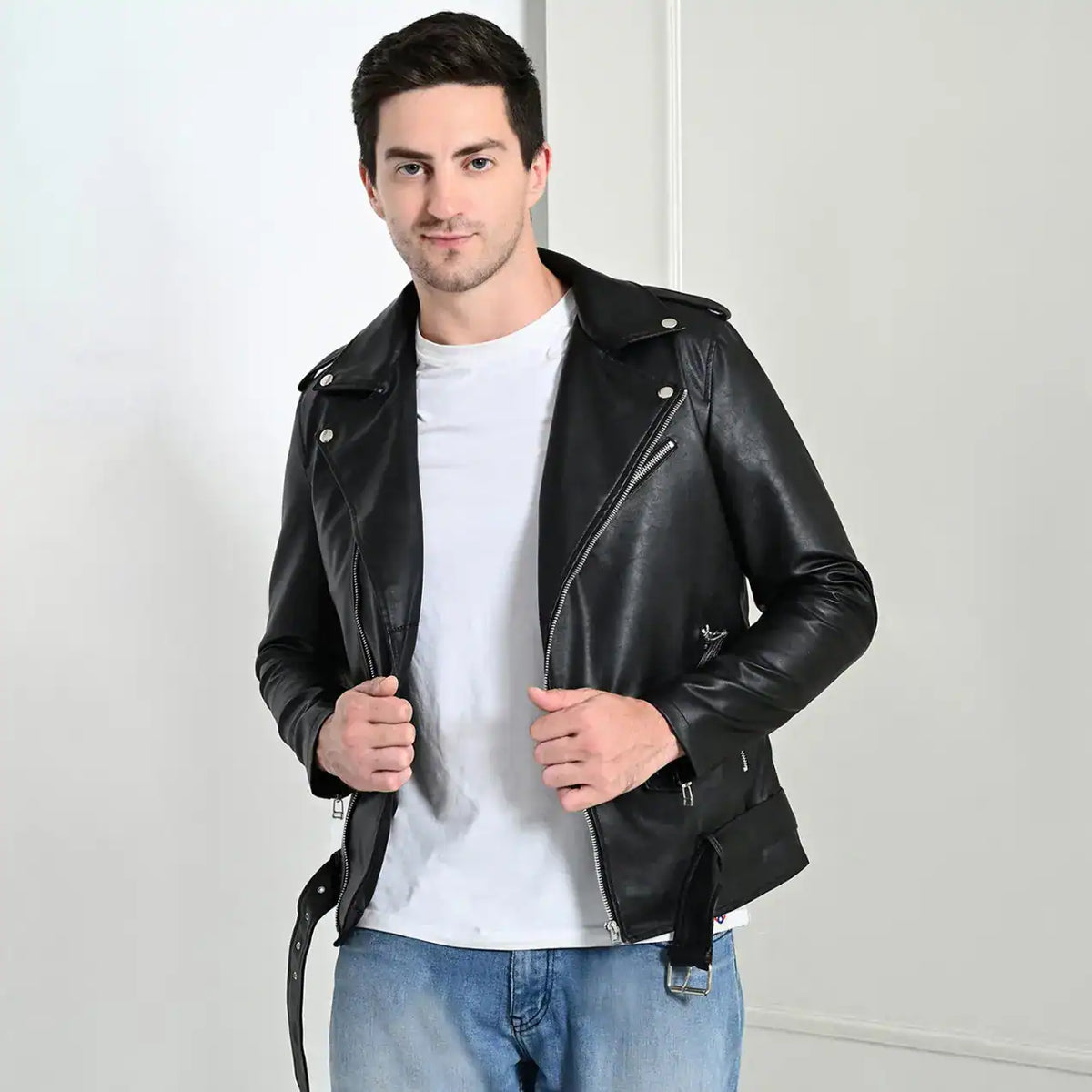 Men’s classic black faux leather biker jacket with fur collar – Coder Stitch
