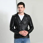 Men’s black PU leather biker jacket with quilted sleeves – stylish and rugged outerwear by Coder Stitch