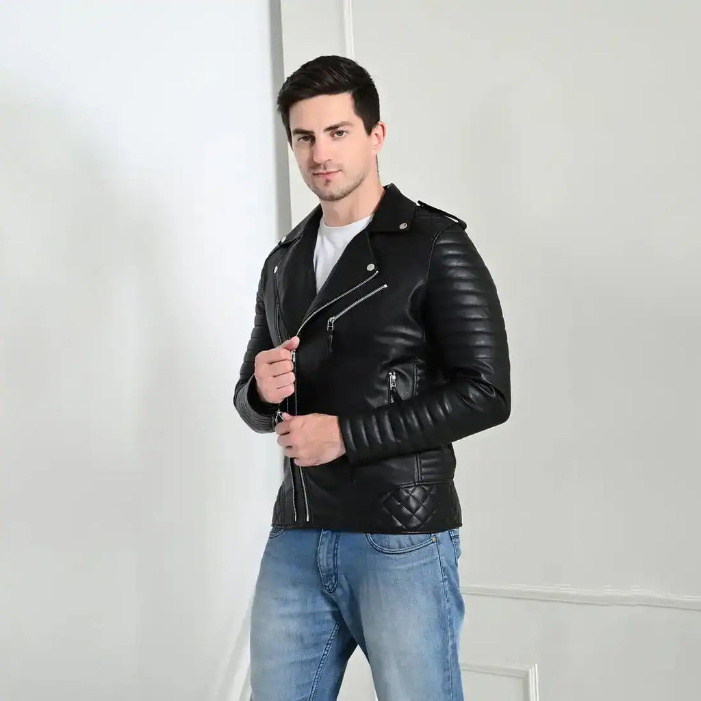 Men’s black PU leather biker jacket with quilted sleeves – stylish and rugged outerwear by Coder Stitch