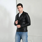 Men’s black PU leather biker jacket with quilted sleeves – stylish and rugged outerwear by Coder Stitch