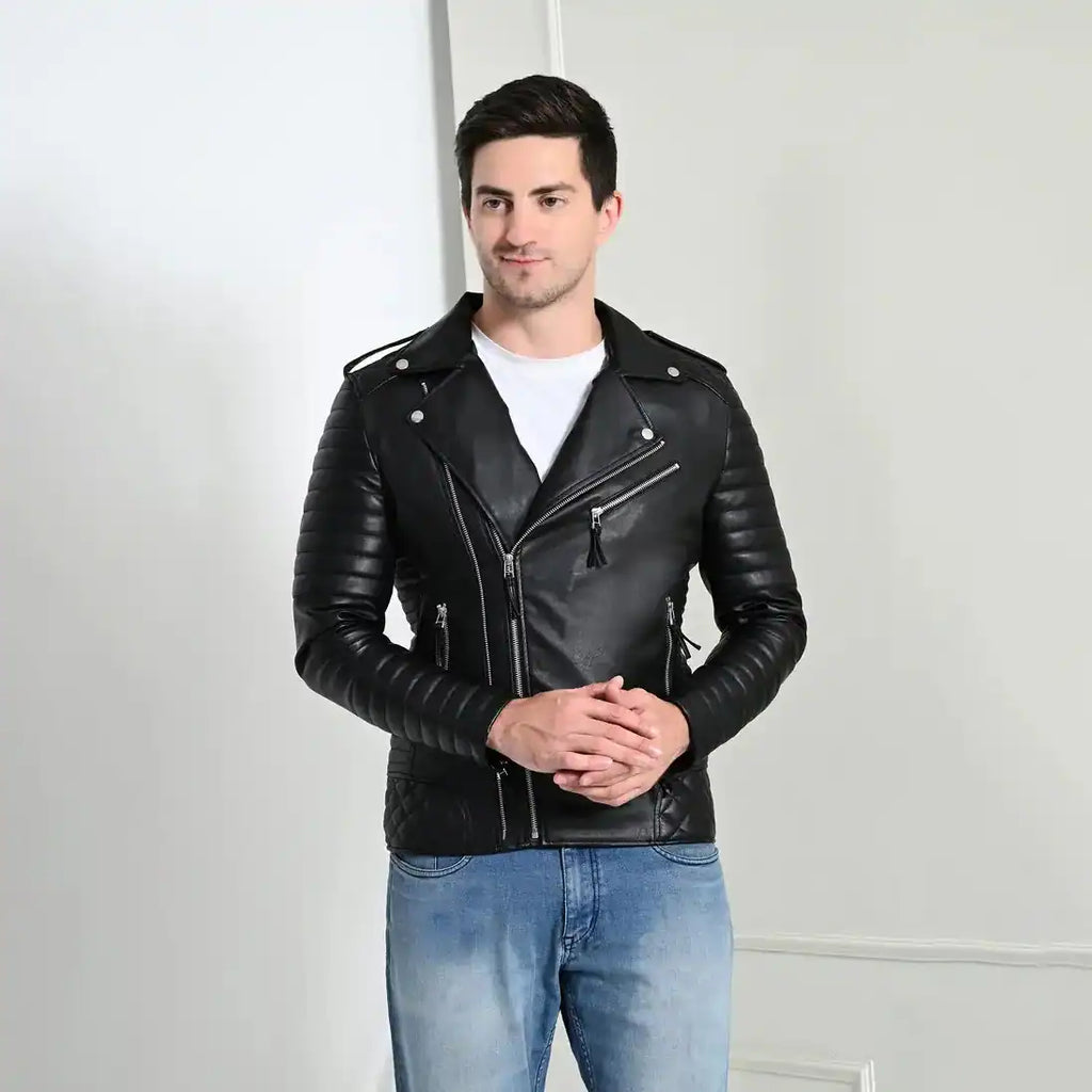 Men’s black PU leather biker jacket with quilted sleeves – stylish and rugged outerwear by Coder Stitch