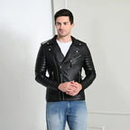 Men’s black PU leather biker jacket with quilted sleeves – stylish and rugged outerwear by Coder Stitch