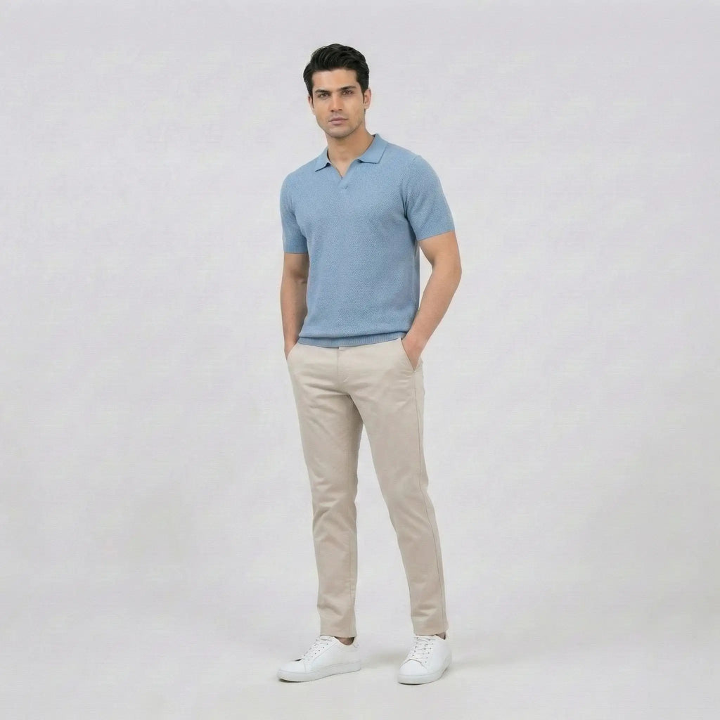 Sky Blue Textured V-Neck Polo
