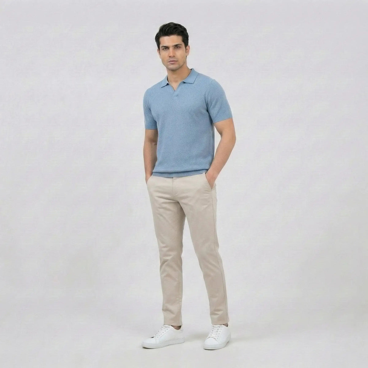 Sky Blue Textured V-Neck Polo