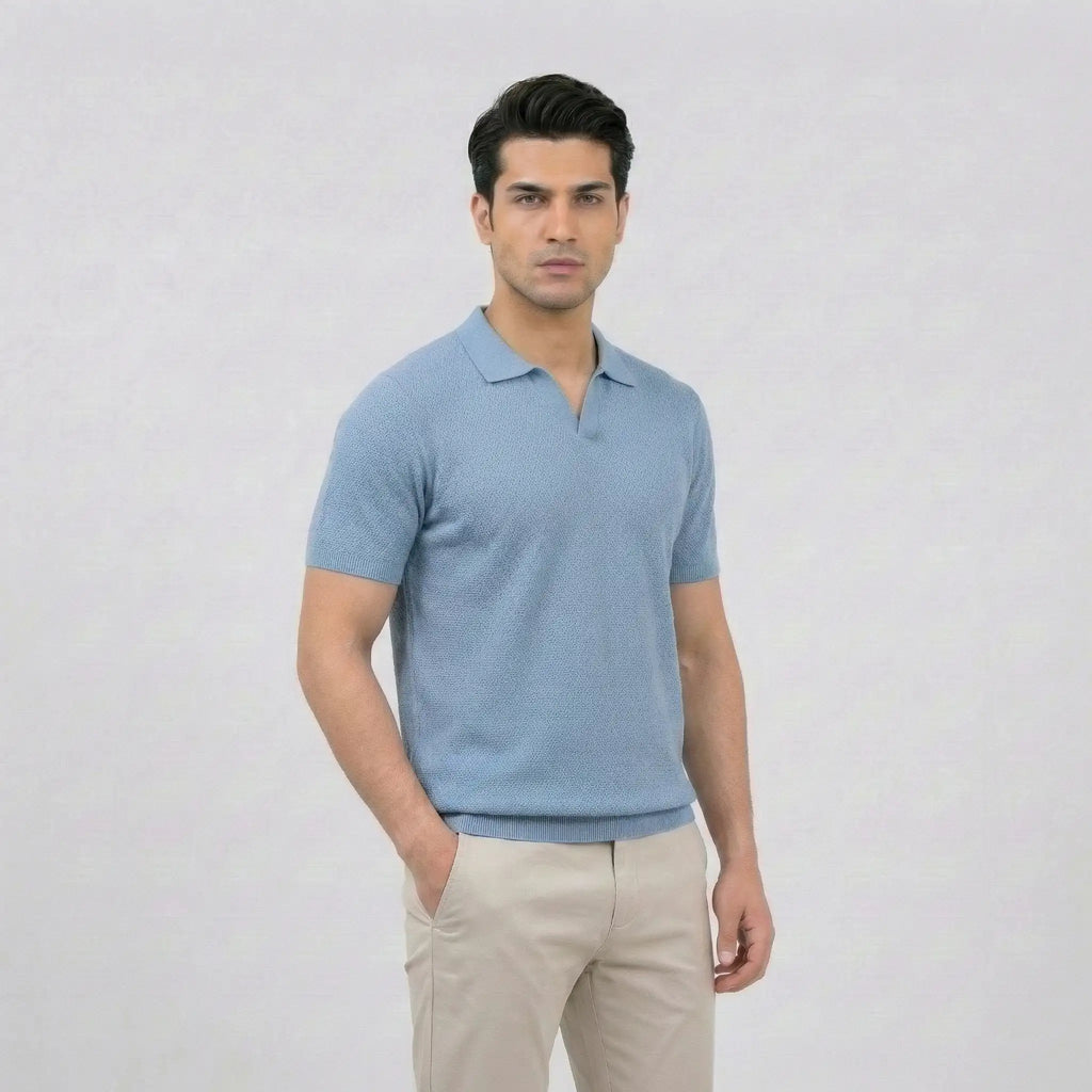 Sky Blue Textured V-Neck Polo