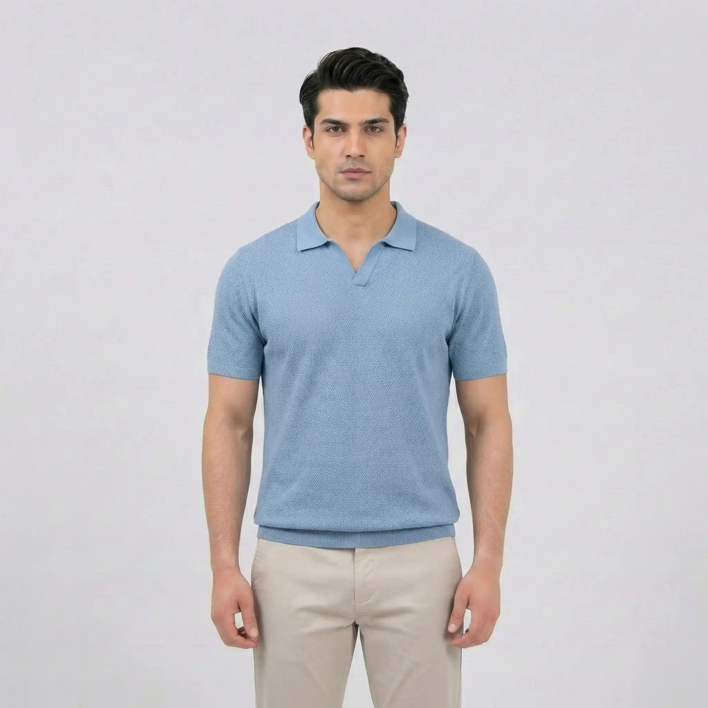 Sky Blue Textured V-Neck Polo