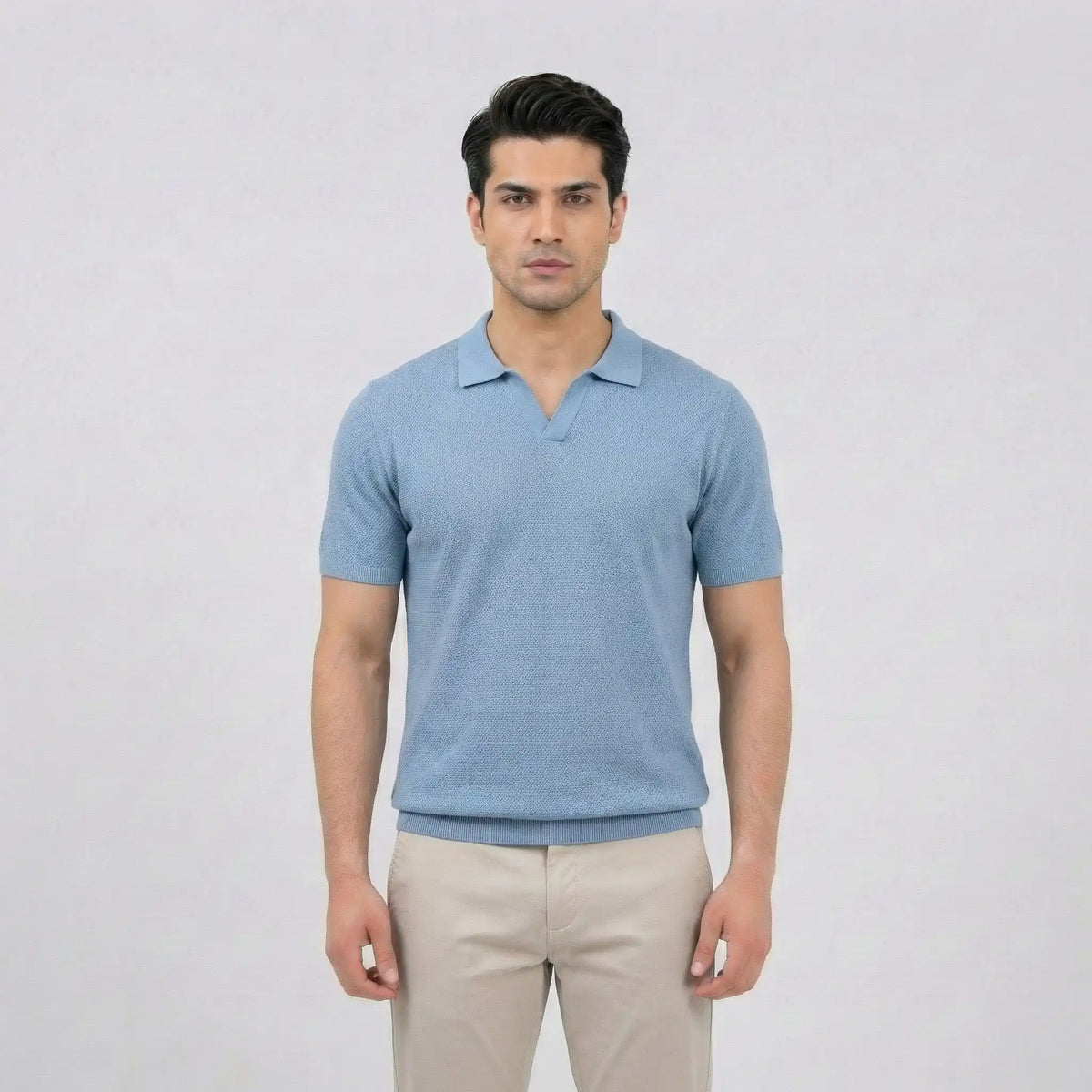 Sky Blue Textured V-Neck Polo