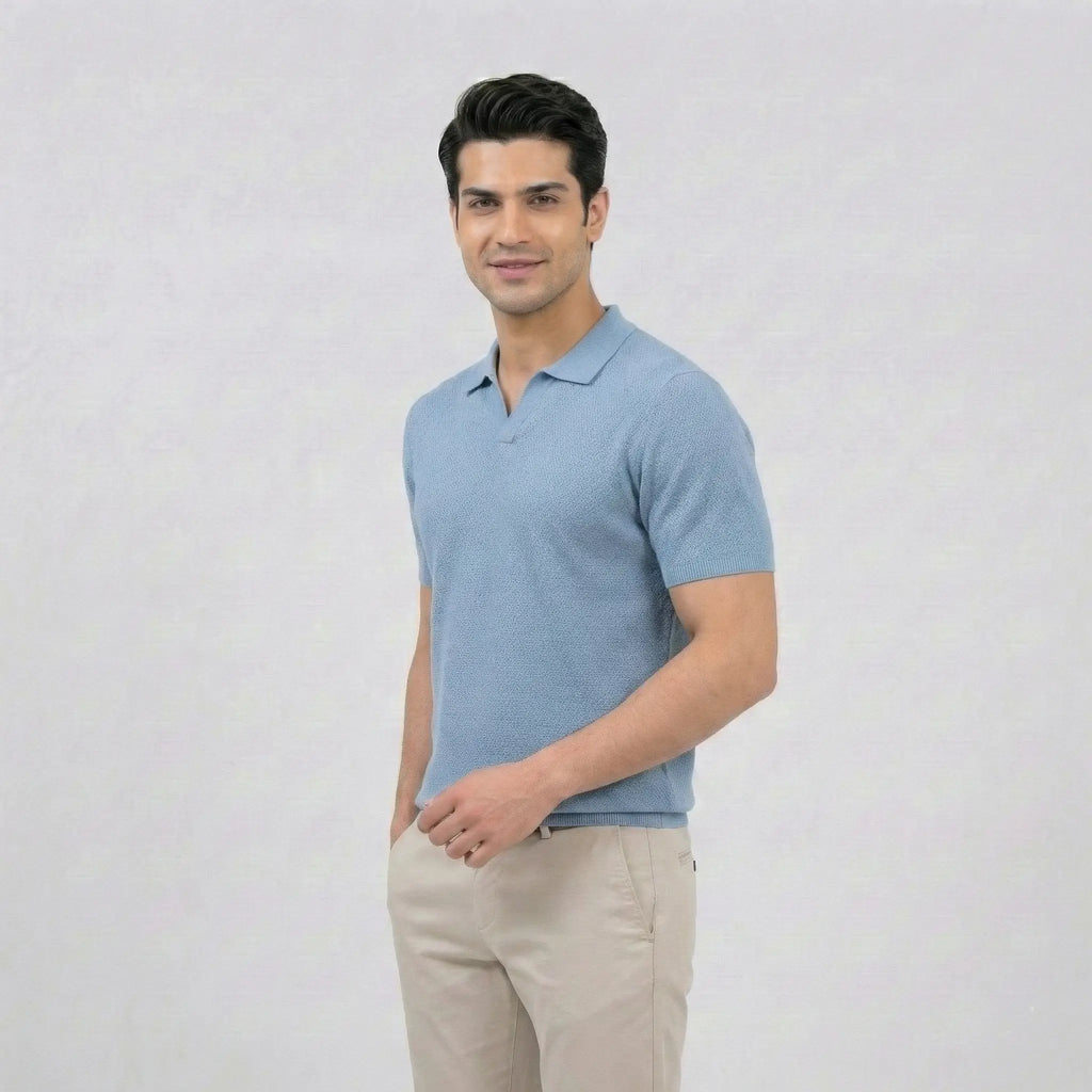 Sky Blue Textured V-Neck Polo