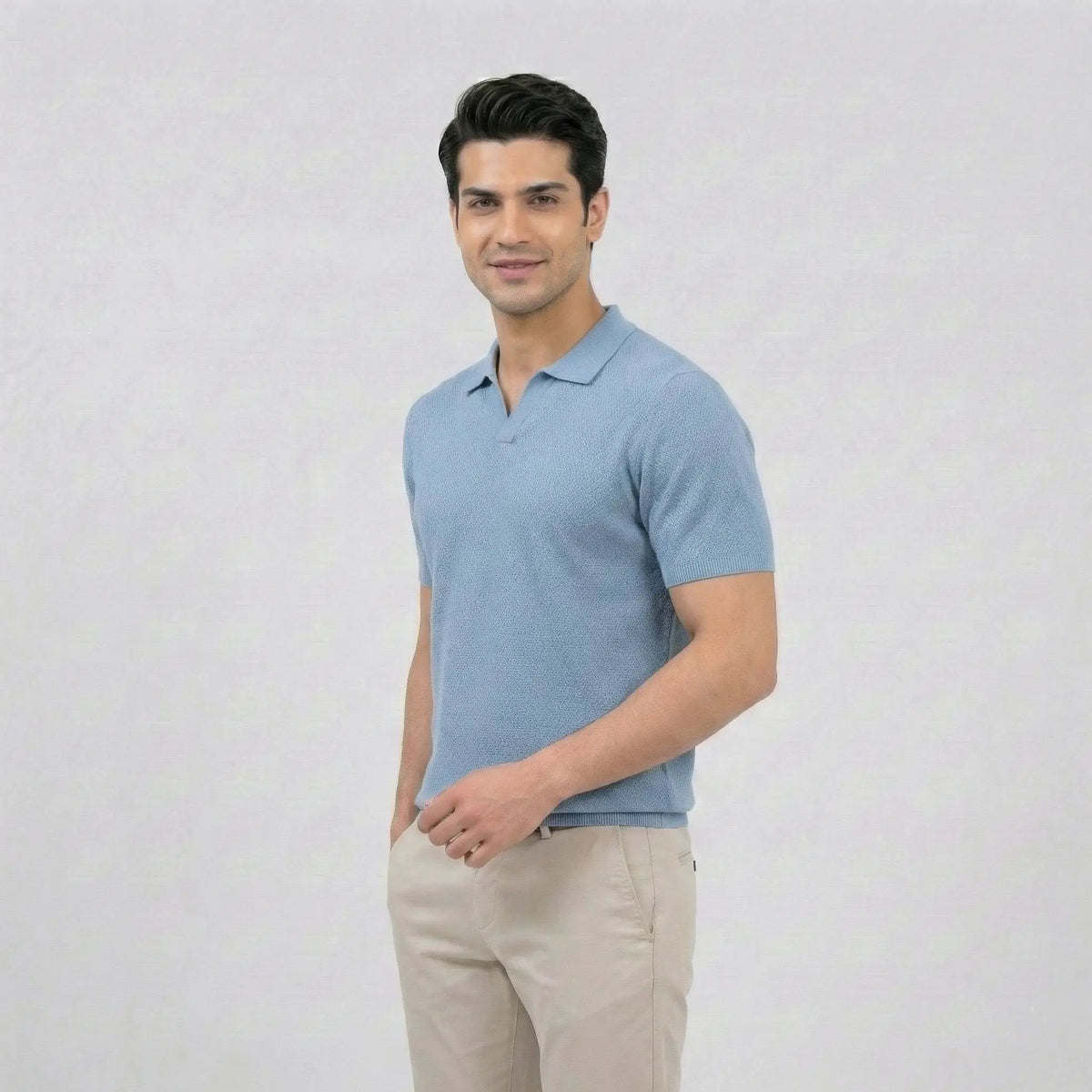 Sky Blue Textured V-Neck Polo