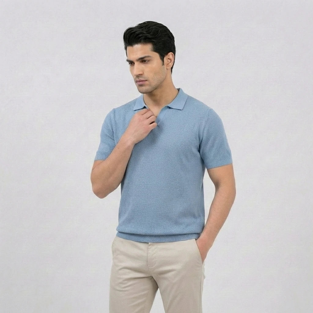 Sky Blue Textured V-Neck Polo