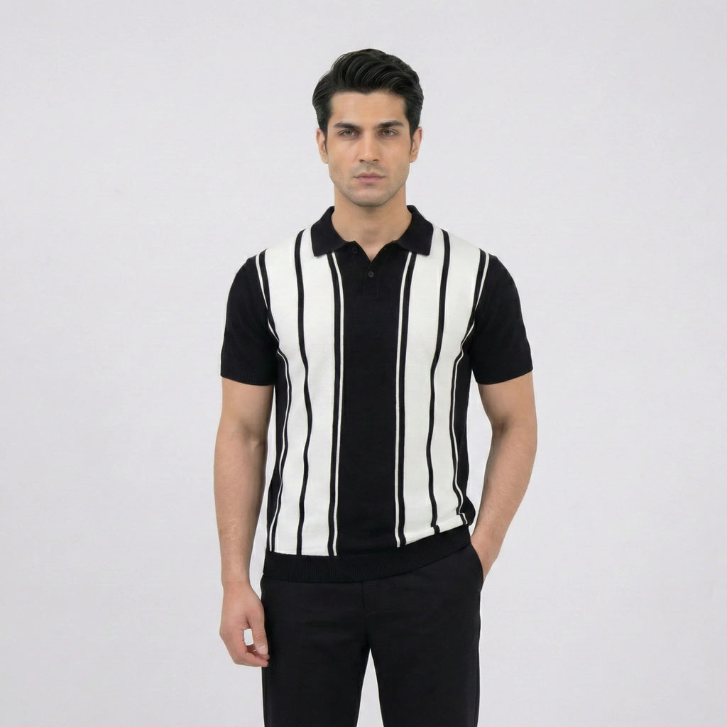 Vertical Stripe Retro Knit Polo