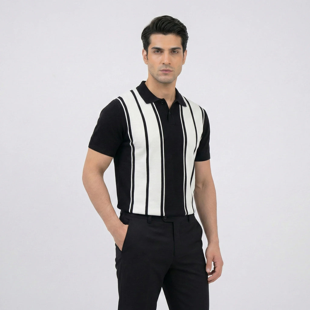 Vertical Stripe Retro Knit Polo