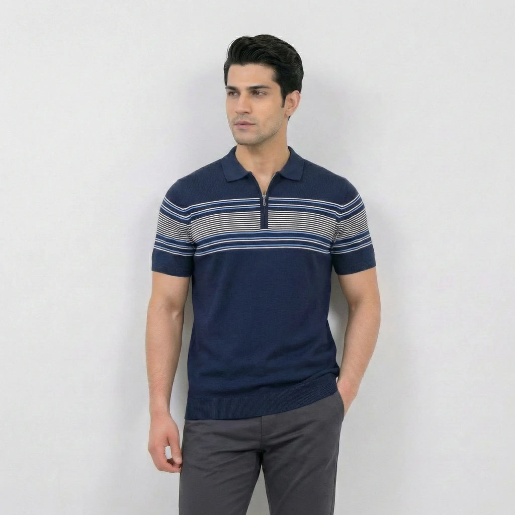 Navy Quarter-Zip Striped Polo