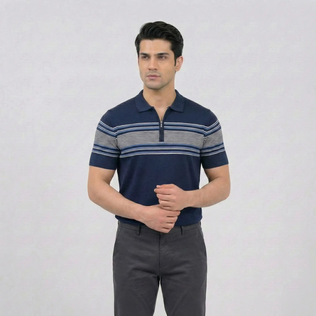 Navy Quarter-Zip Striped Polo