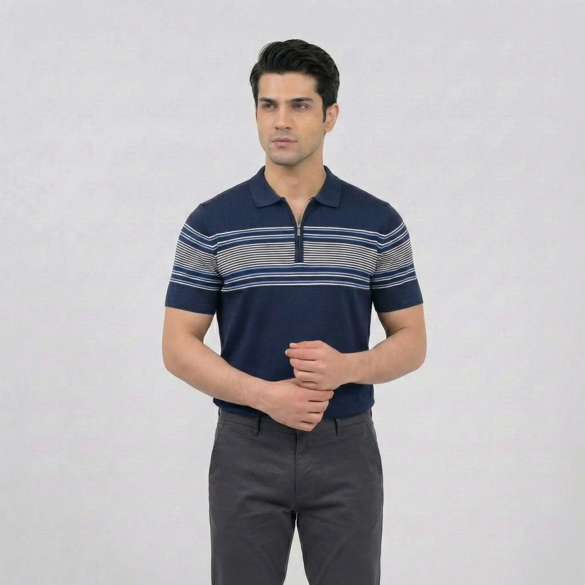 Navy Quarter-Zip Striped Polo