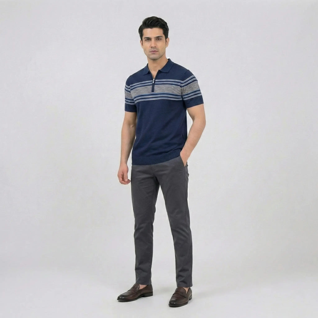 Navy Quarter-Zip Striped Polo
