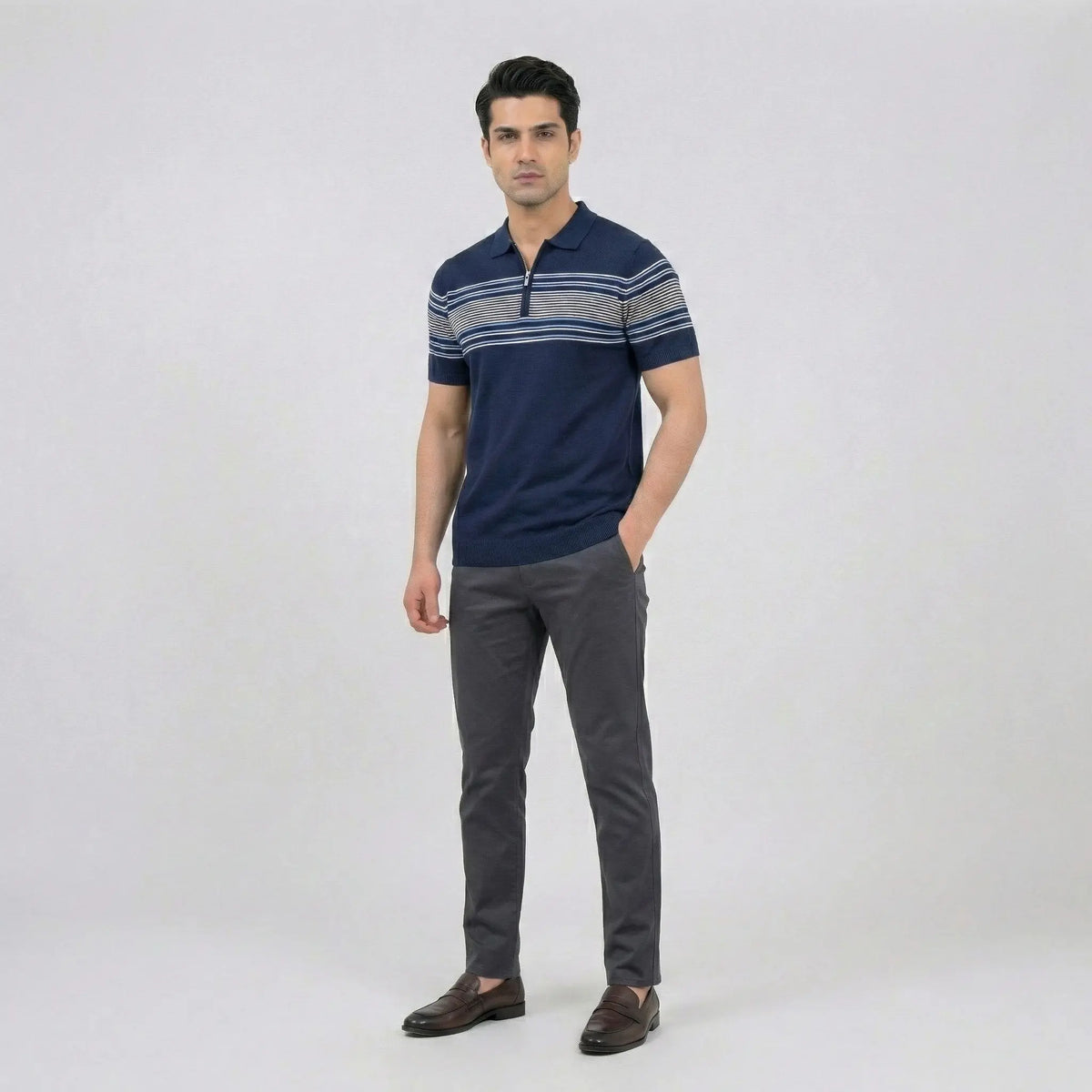 Navy Quarter-Zip Striped Polo