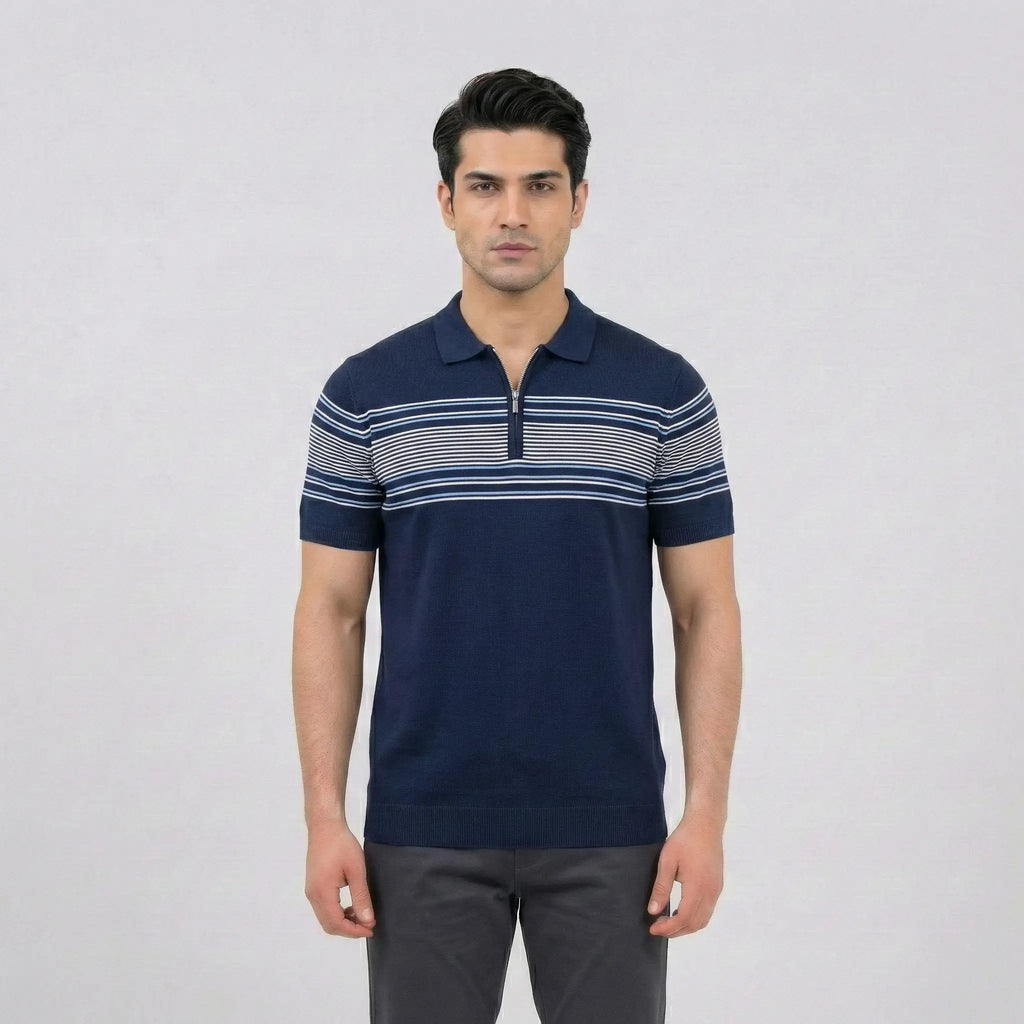 Navy Quarter-Zip Striped Polo