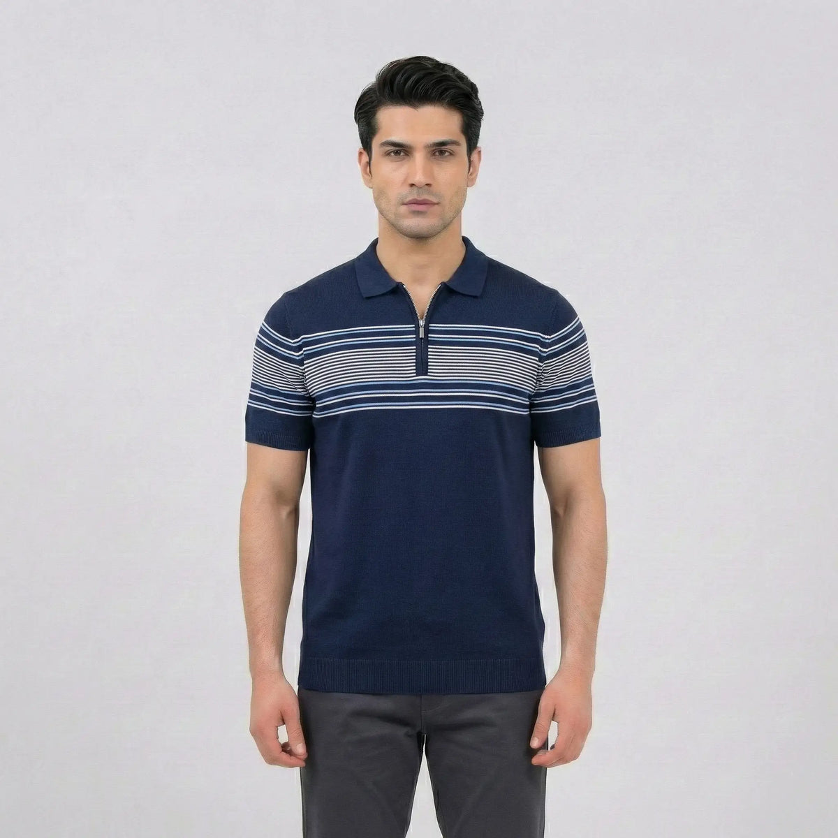 Navy Quarter-Zip Striped Polo