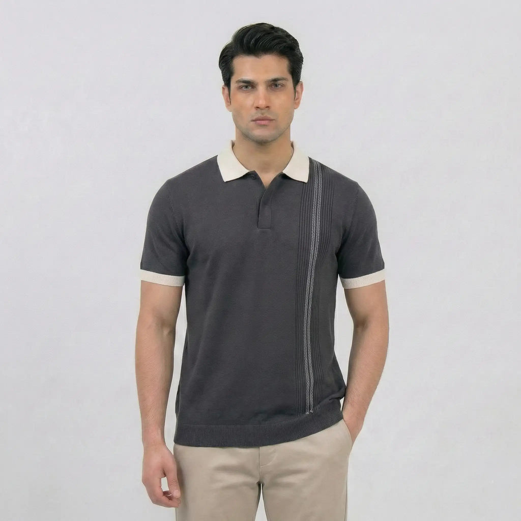 Charcoal Vertical Stripe Knit Polo