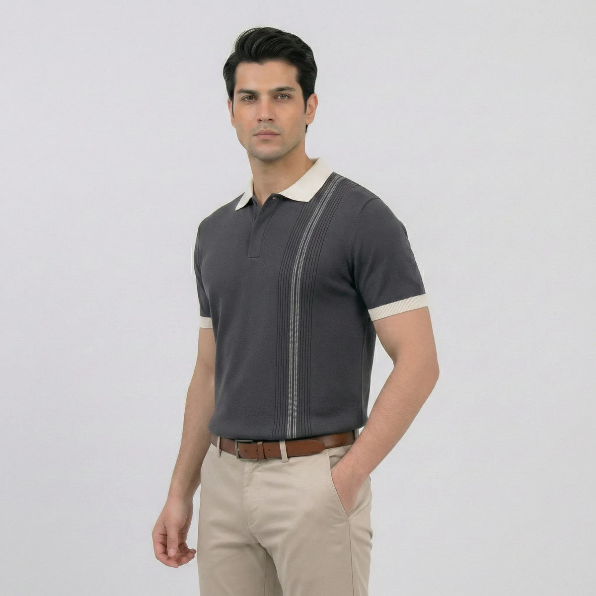 Charcoal Vertical Stripe Knit Polo