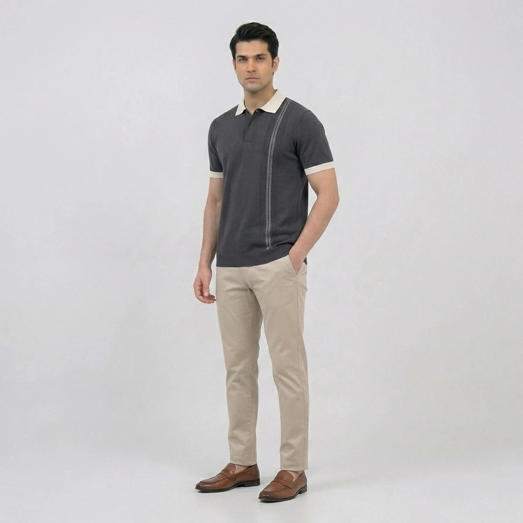Charcoal Vertical Stripe Knit Polo