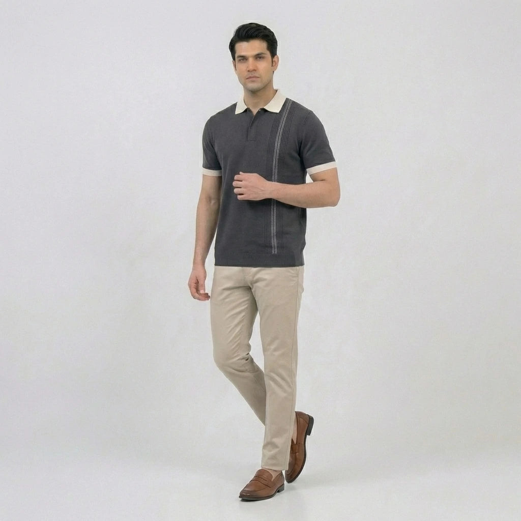 Charcoal Vertical Stripe Knit Polo