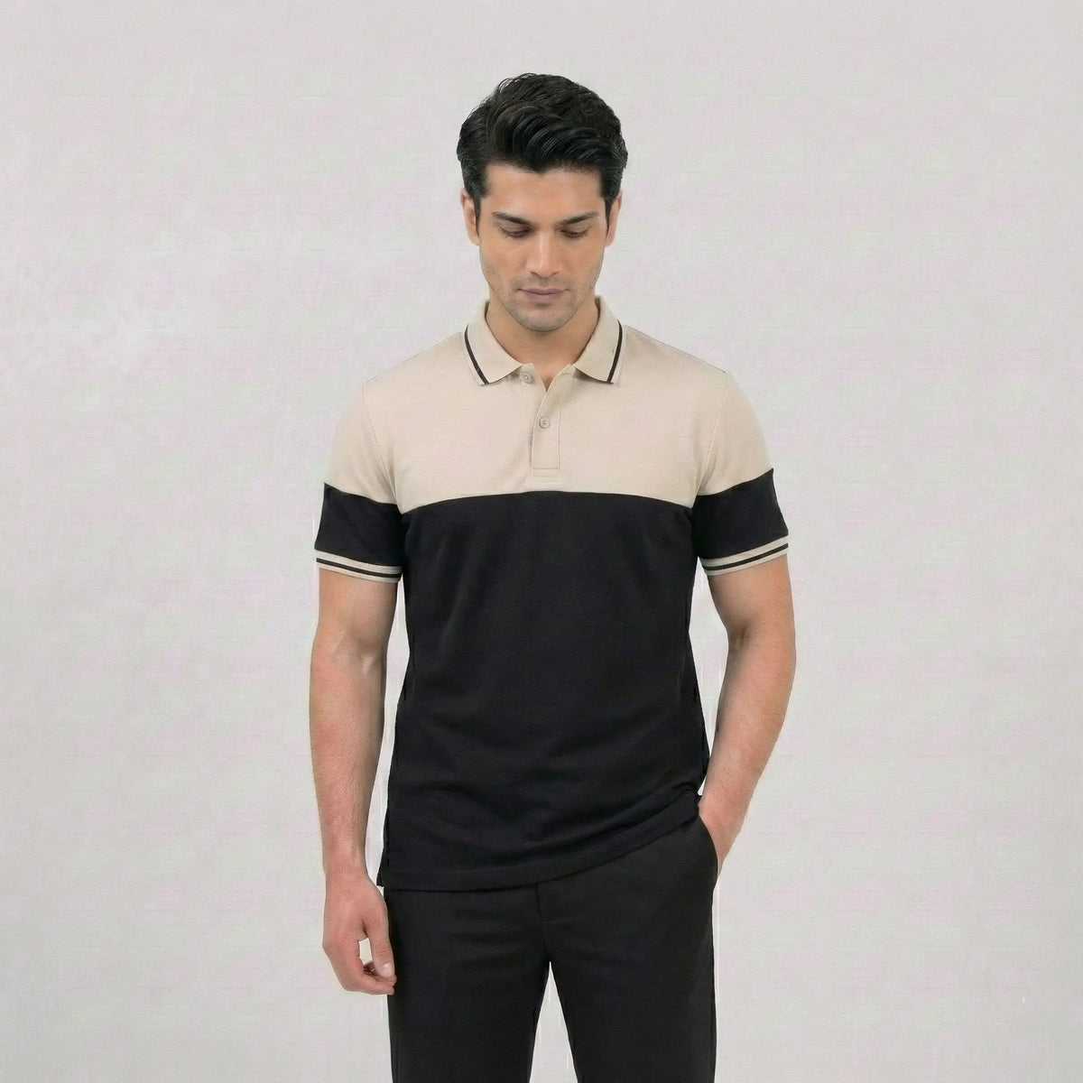 Beige Black Panel Polo