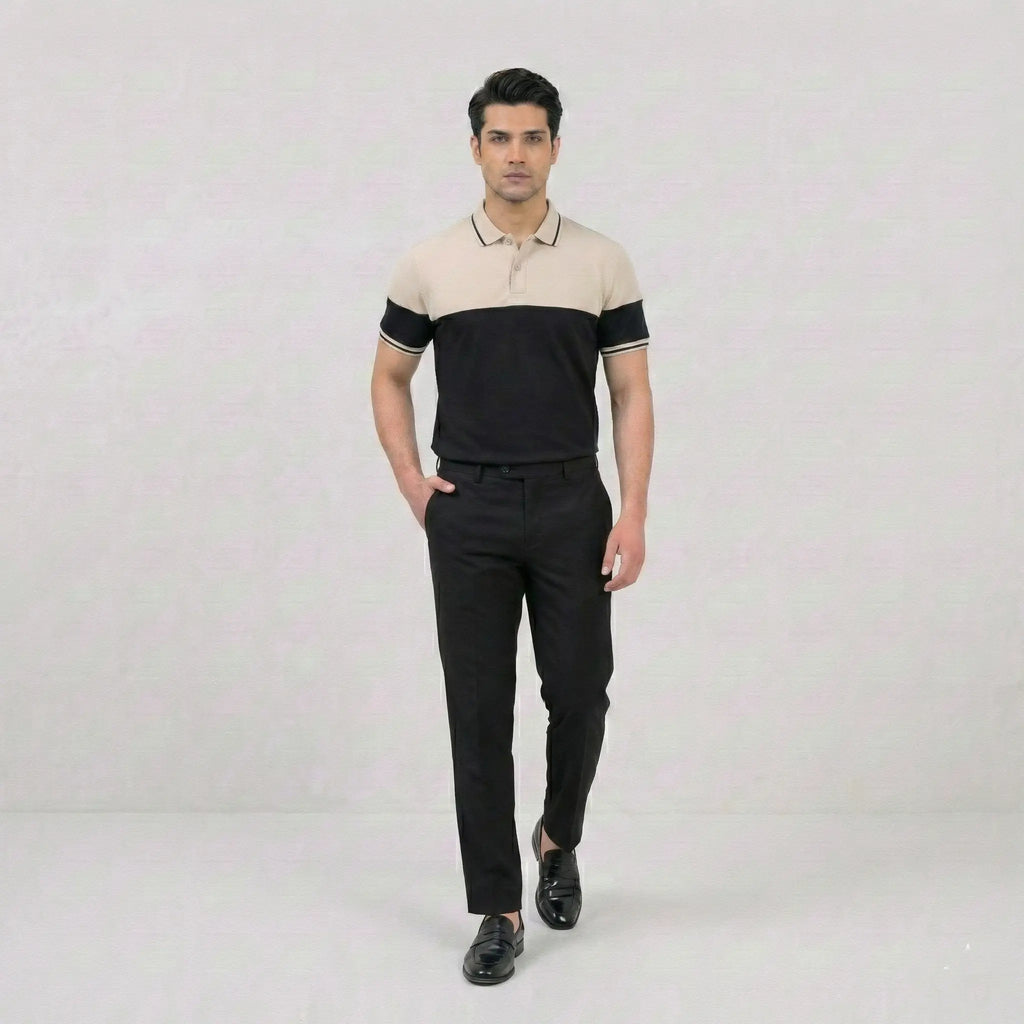 Beige Black Panel Polo