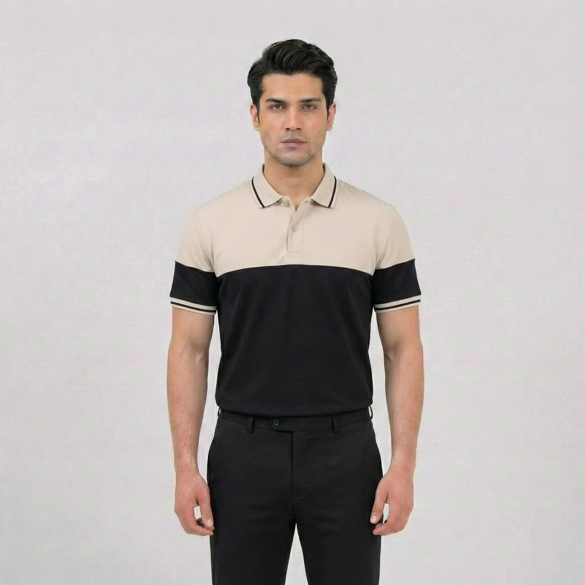 Beige Black Panel Polo