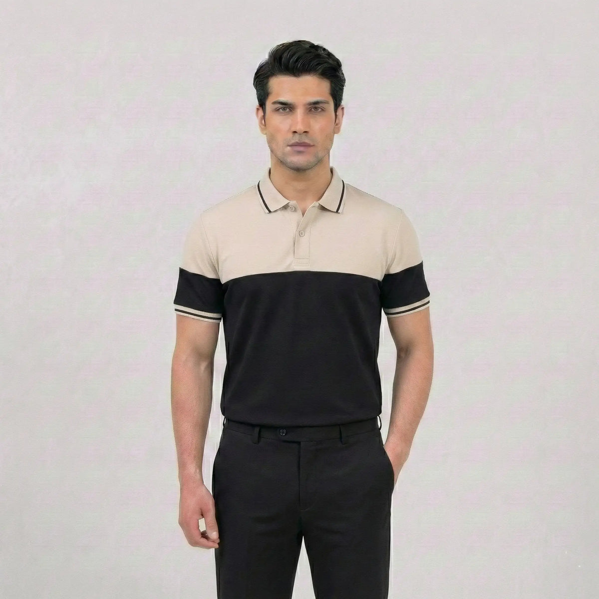 Beige Black Panel Polo
