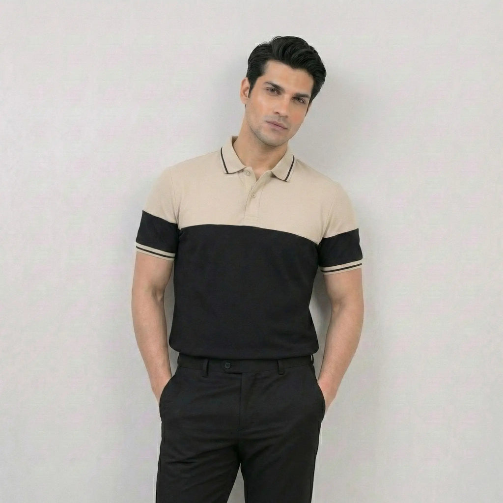 Beige Black Panel Polo