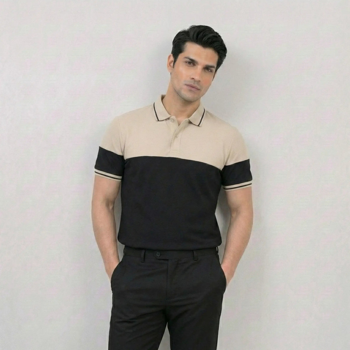 Beige Black Panel Polo