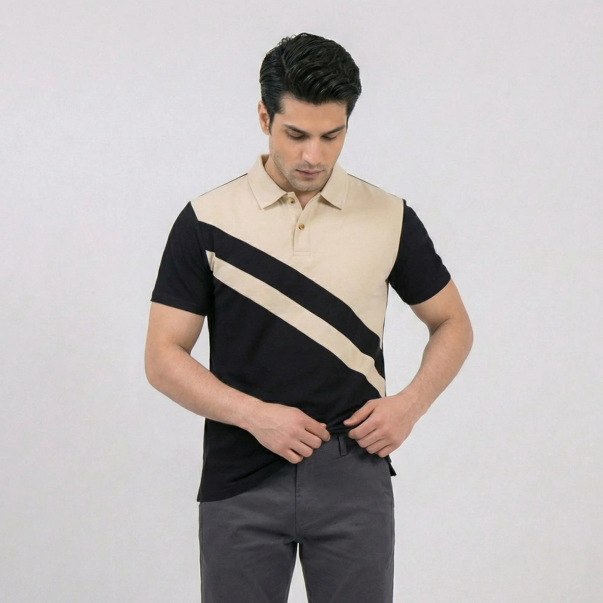 Diagonal Beige Black Polo Shirt