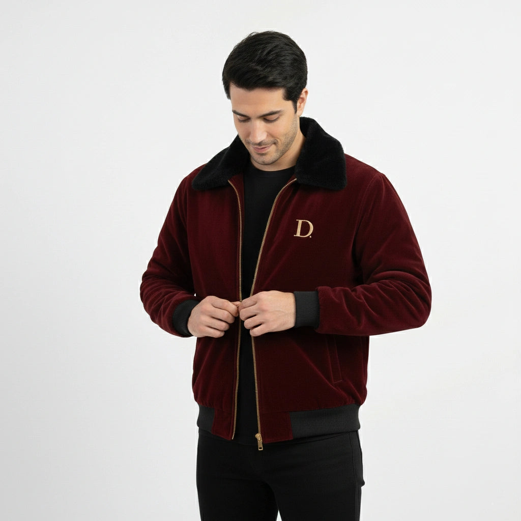 Front view of men's maroon velvet winter jacket with black faux fur collar, with model looking down and adjusting the zipper.
