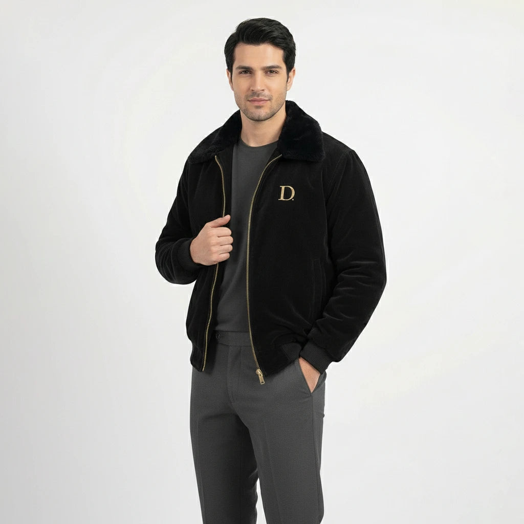 Front view of men's black velvet winter jacket with faux fur collar, model holding the lapel to show the fabric texture and gold chest logo.