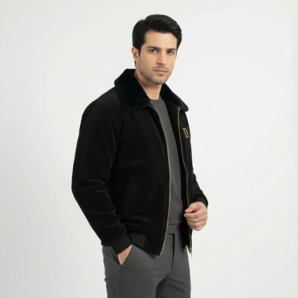 Angled side view of men's black velvet winter jacket featuring a black faux fur collar and gold chest embroidery, worn with grey trousers.