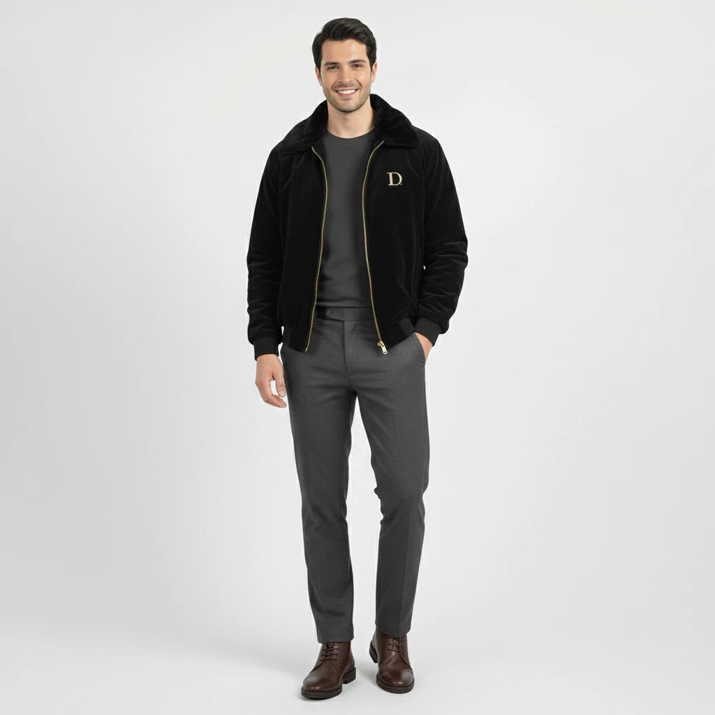 Full body front view of a man standing and smiling, wearing a black velvet winter jacket with a faux fur collar, grey trousers, and brown leather boots.