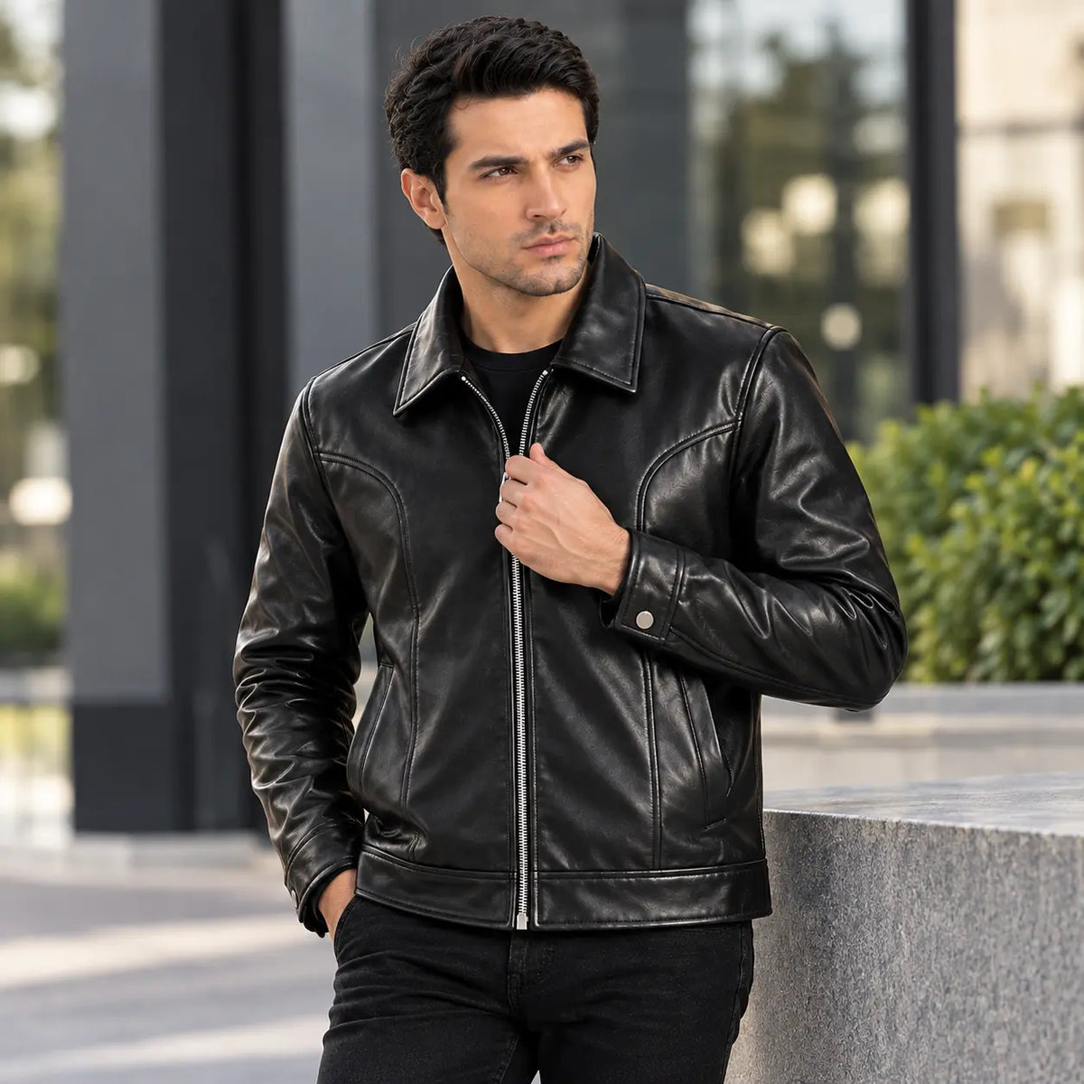Men's black leather jacket