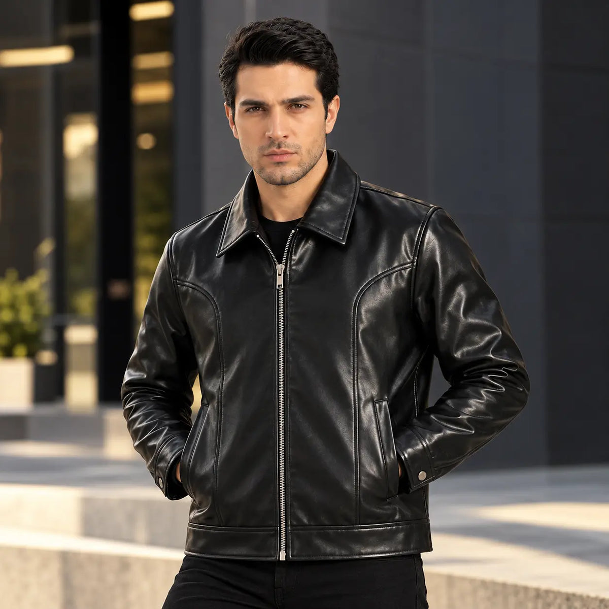 Men's black leather jacket