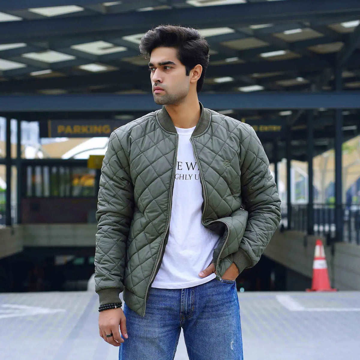 Men’s green quilted bomber down jacket – winter wear by Coder Stitch