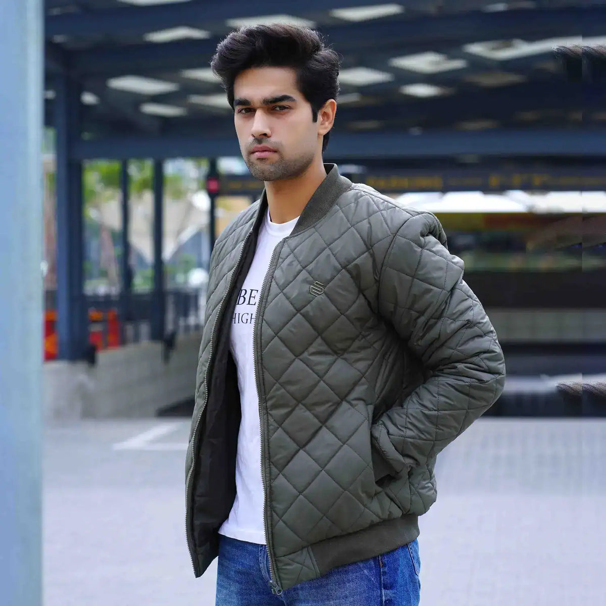 Men’s green quilted bomber down jacket – winter wear by Coder Stitch
