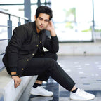 Men’s black softshell bomber jacket with front button closure – winter outerwear by Coder Stitch
