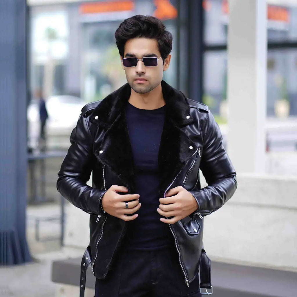 Men’s classic black faux leather biker jacket with fur collar – Coder Stitch