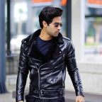 Men’s classic black faux leather biker jacket with fur collar – Coder Stitch