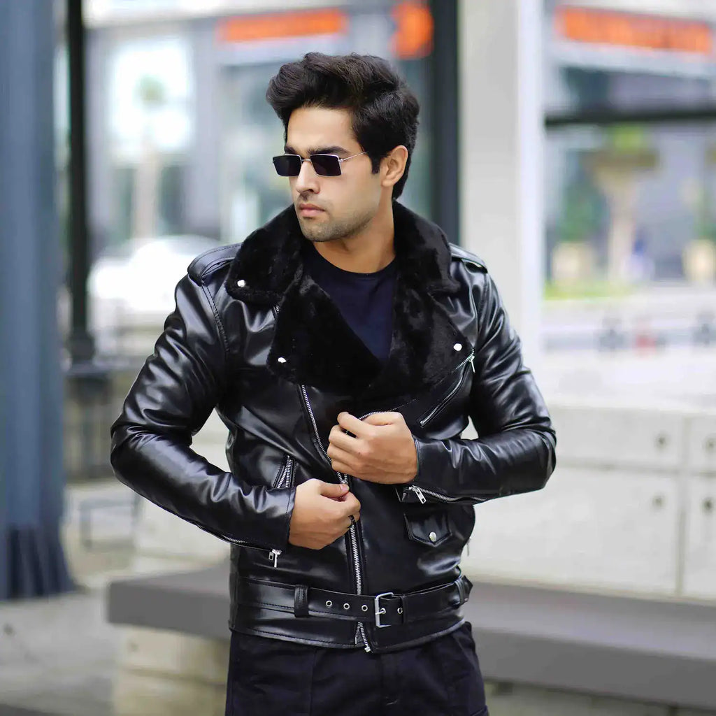 Men’s classic black faux leather biker jacket with fur collar – Coder Stitch